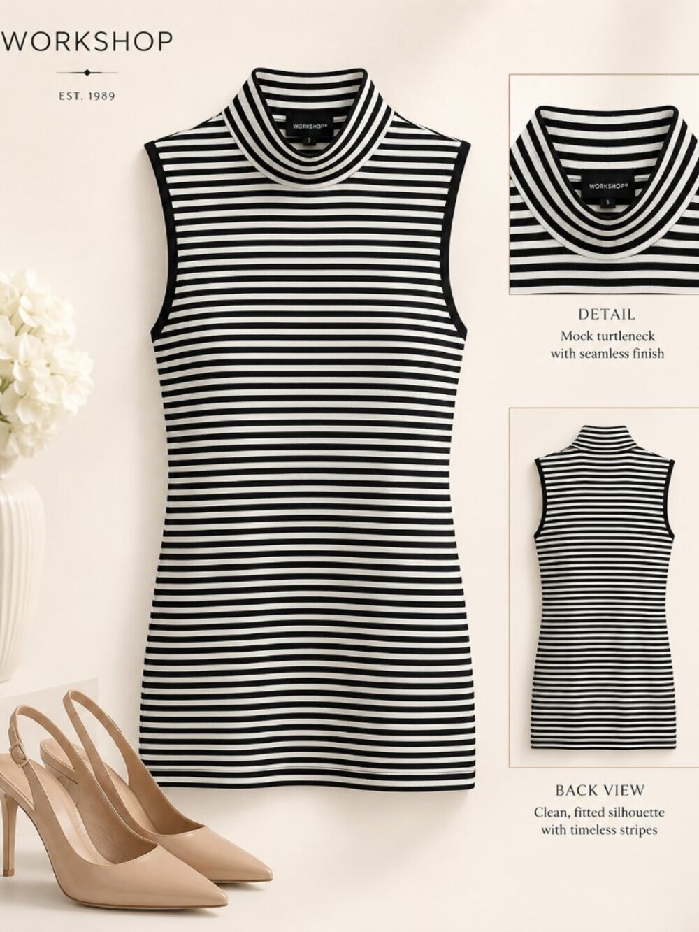 Workshop Black White Stripe Sleeveless Top S M L NWT
